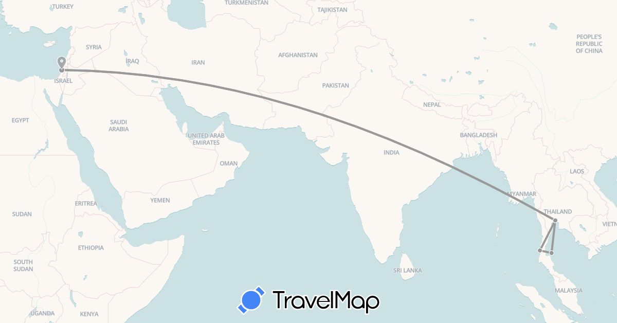TravelMap itinerary: driving, plane in Israel, Thailand (Asia)
